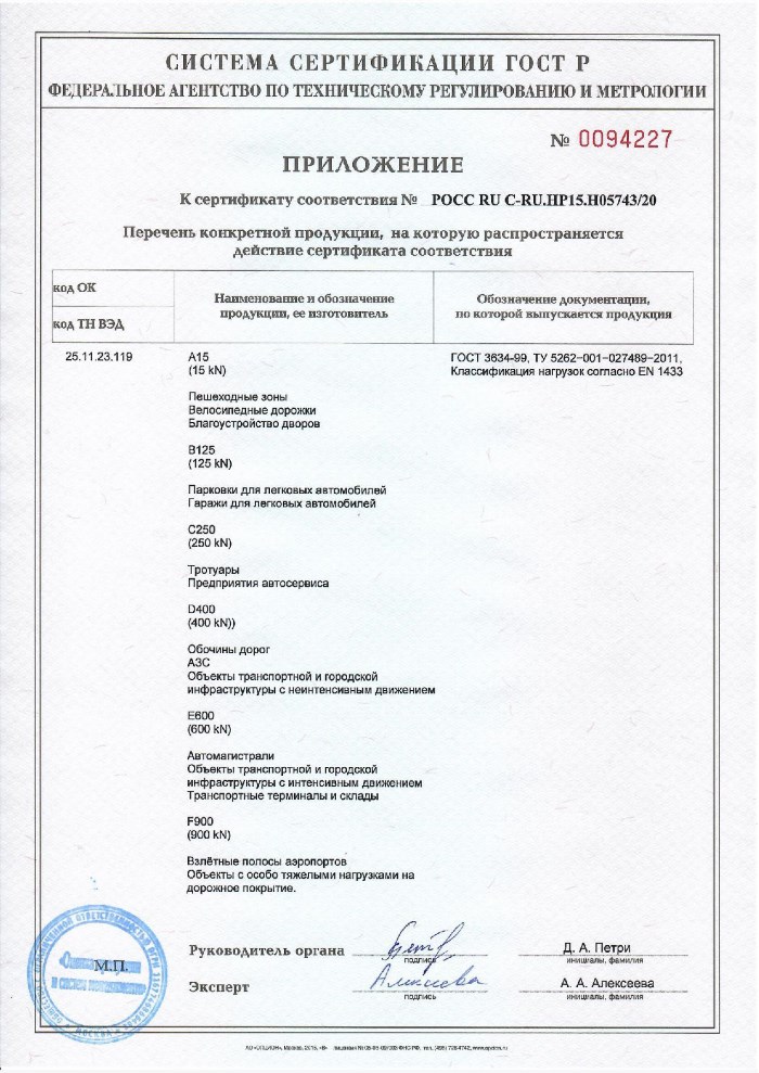 Сертификат на люки под брусчатку Проспект по классификации нагрузок EN 1433 Сертификат на люки под брусчатку Проспект по классификации нагрузок EN 1433